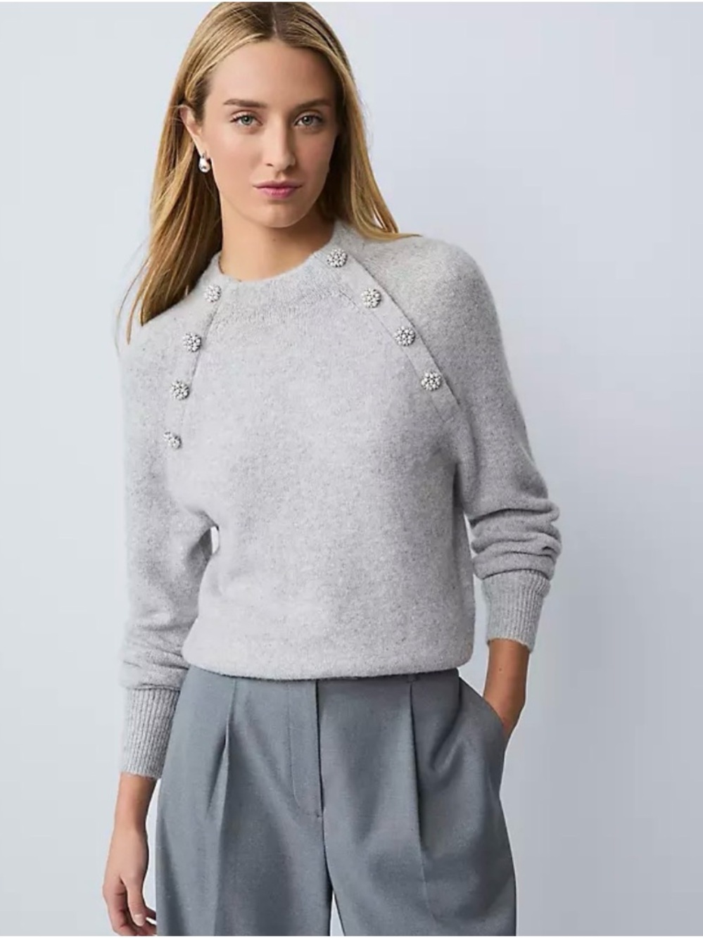 Ann Taylor Mockneck Crystal Embellished Sweater in Light Gray